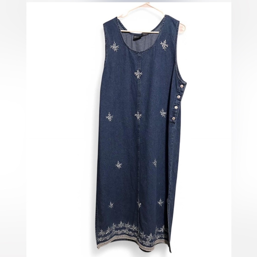 Sleeveless Embroidered Denim Maxi Dress - Navy